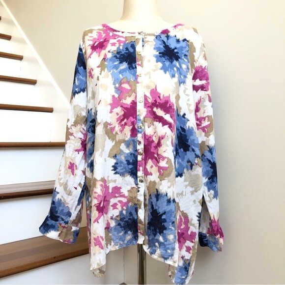 JM Collection Blouse Womens 14 Purple Blue Linen Watercolor Floral Asymmetrical - Picture 1 of 12
